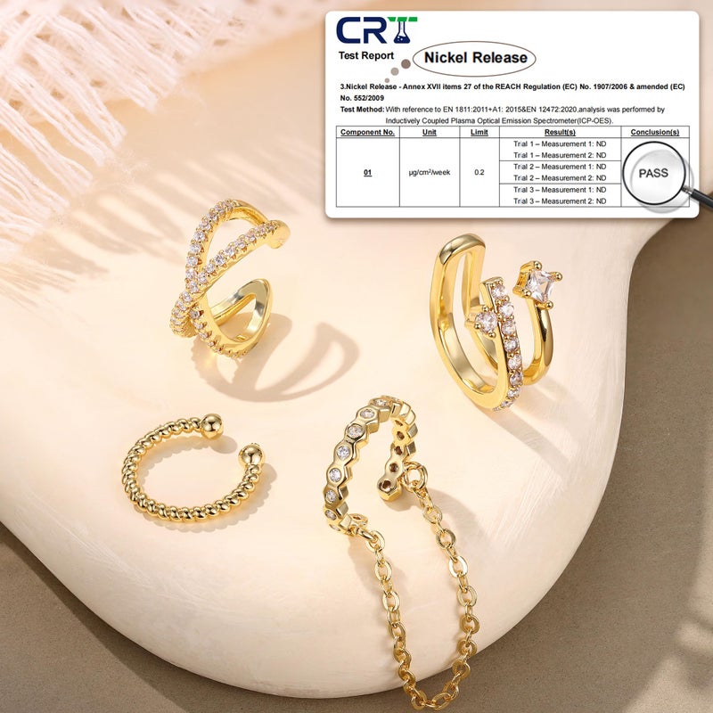 Florideco 4 PCS Ear Cuffs Non Piercing Hypoallergenic 14K Gold Plated Ear Cuff Earrings for Women Trendy CZ Clip On Cartilage Earring Set Dainty Adjustable Fake Piercings Earrings Cross - Image 3