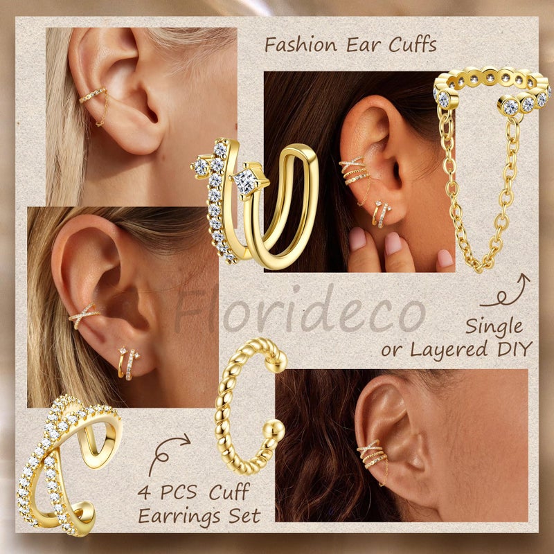 Florideco 4 PCS Ear Cuffs Non Piercing Hypoallergenic 14K Gold Plated Ear Cuff Earrings for Women Trendy CZ Clip On Cartilage Earring Set Dainty Adjustable Fake Piercings Earrings Cross - Image 4