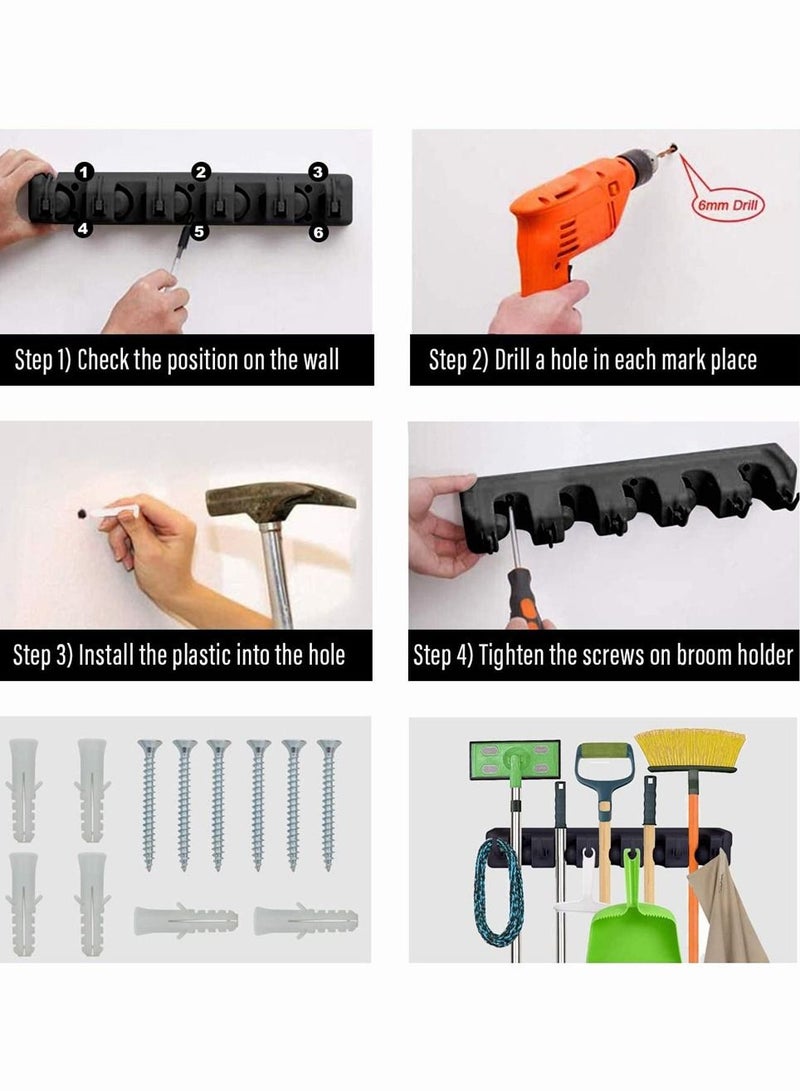 Y&D Mop Broom Holder, SYOSI and Holder Wall Mount Heavy Duty Mounted or Tool Organizer for Home Garden Garage And Storage (5 Positions with 6 Hooks) (Black)  - Image 3