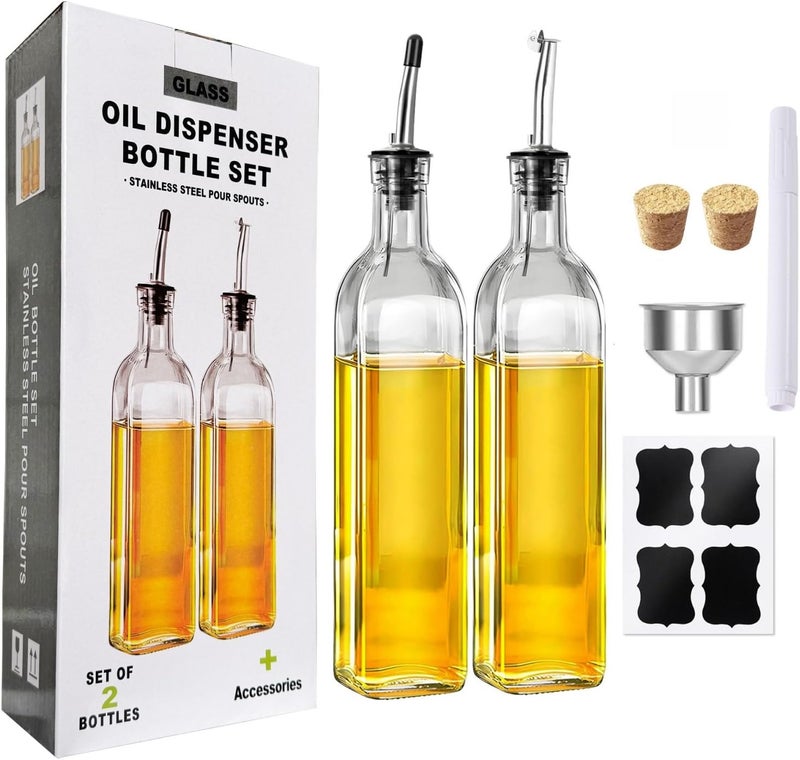 UREVO 2 Pcs Oil Dispenser Bottles Set - 500ml Glass Olive Oil and Vinegar Dispenser with Pourers, Funnel, and Labels - Image 1