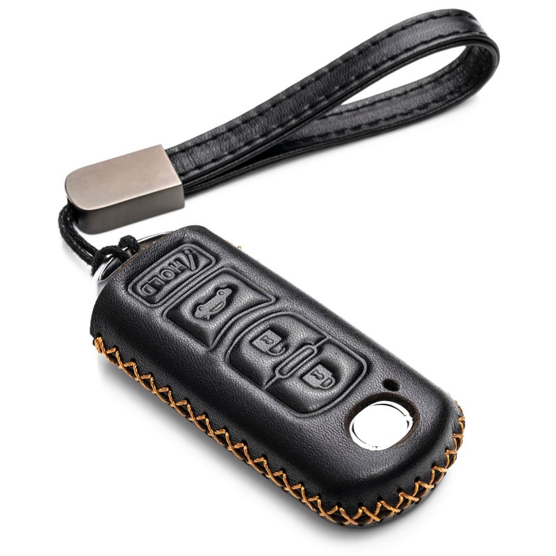 Vitodeco Genuine Leather Smart Key Fob Case Cover Protector Compatible for Mazda 3 6 CX5 CX7 CX9 MX5 Miata Atenza Axela 4 Buttons Black