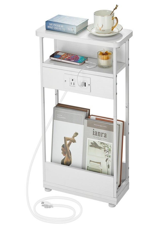 YEAKOO Narrow Side Table with Charging Station, 3-Tier End Table with 2 USB Ports & Power Outlets,Thin Sofa Side Table for Narrow and Small Spaces, Bedside Table Nightstand for Living Room,White - Image 1