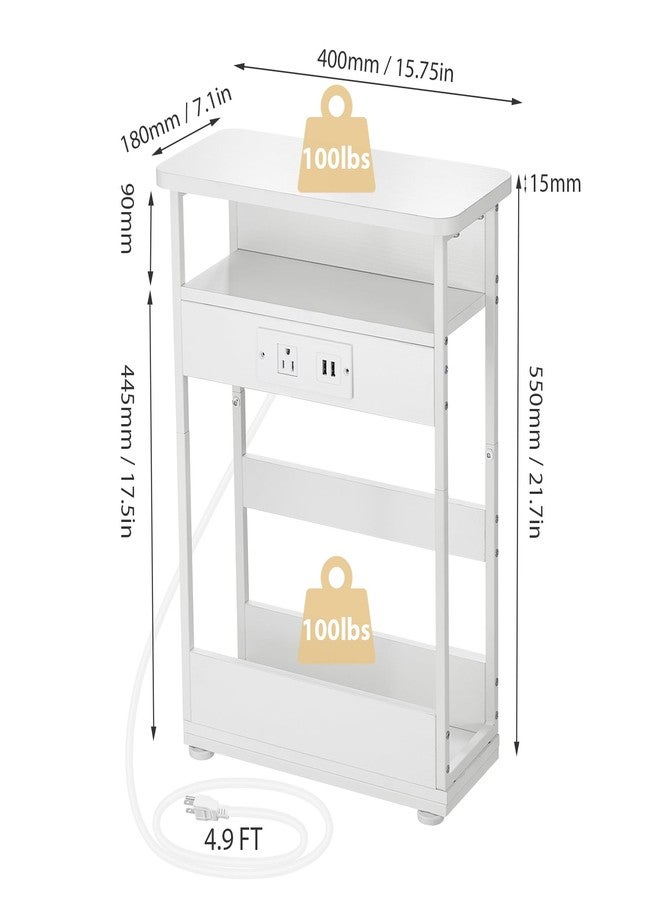 YEAKOO Narrow Side Table with Charging Station, 3-Tier End Table with 2 USB Ports & Power Outlets,Thin Sofa Side Table for Narrow and Small Spaces, Bedside Table Nightstand for Living Room,White - Image 4