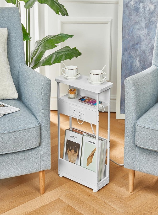 YEAKOO Narrow Side Table with Charging Station, 3-Tier End Table with 2 USB Ports & Power Outlets,Thin Sofa Side Table for Narrow and Small Spaces, Bedside Table Nightstand for Living Room,White - Image 2
