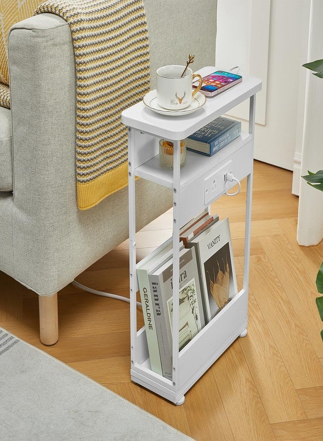 YEAKOO Narrow Side Table with Charging Station, 3-Tier End Table with 2 USB Ports & Power Outlets,Thin Sofa Side Table for Narrow and Small Spaces, Bedside Table Nightstand for Living Room,White - Image 5