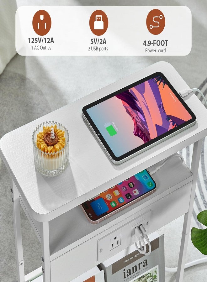 YEAKOO Narrow Side Table with Charging Station, 3-Tier End Table with 2 USB Ports & Power Outlets,Thin Sofa Side Table for Narrow and Small Spaces, Bedside Table Nightstand for Living Room,White - Image 3