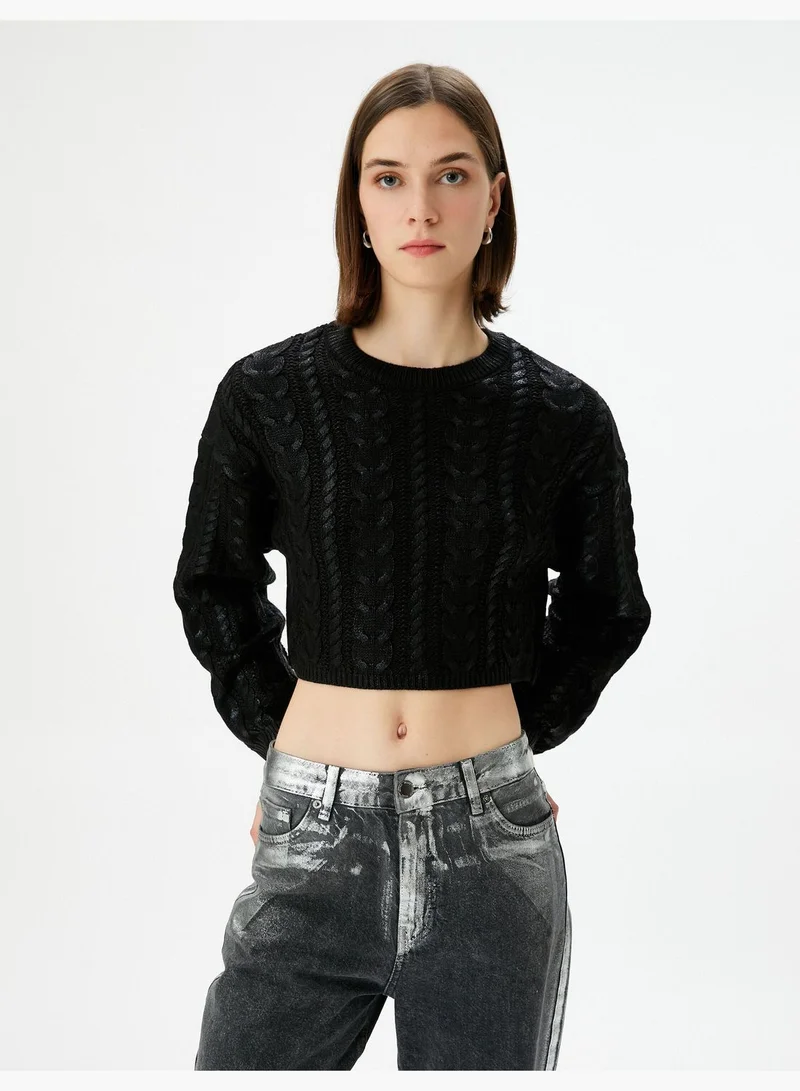 KOTON Tissued Crew Neck Crop Knitted Sweater