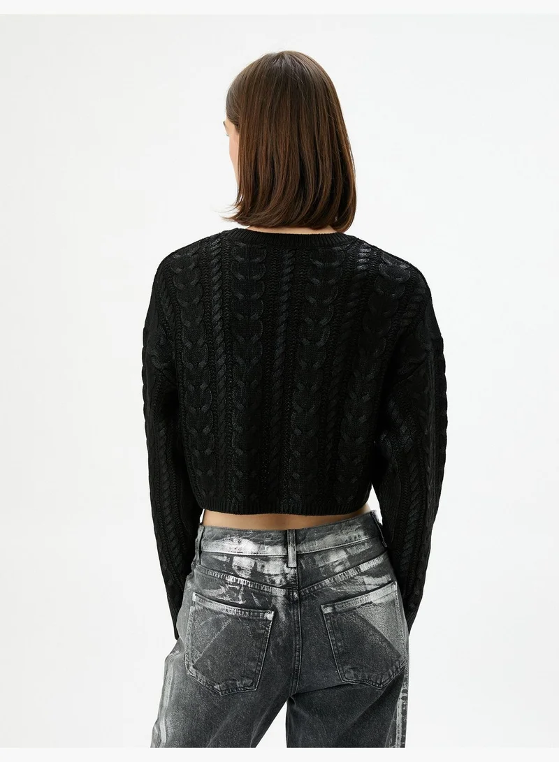KOTON Tissued Crew Neck Crop Knitted Sweater