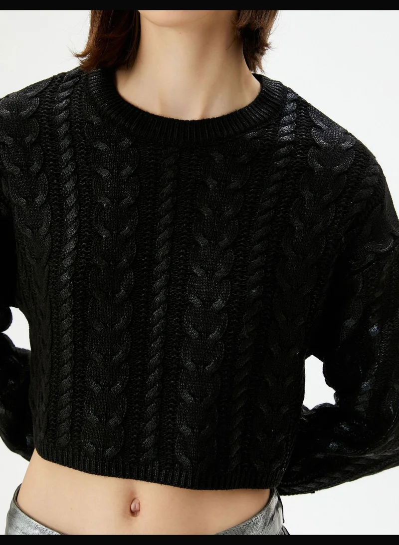 KOTON Tissued Crew Neck Crop Knitted Sweater