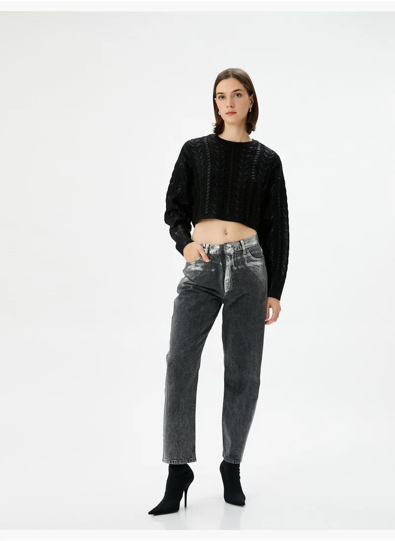 KOTON Tissued Crew Neck Crop Knitted Sweater