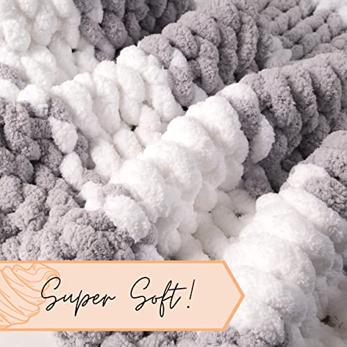 Adyrescia Chunky Knit Blanket Throw | 100% Hand Knit with Jumbo Chenille Yarn (50"x60", Gray and White Stripes) - Image 4