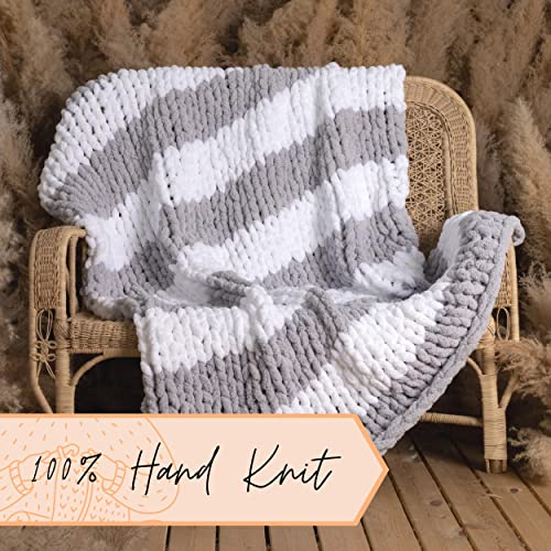 Adyrescia Chunky Knit Blanket Throw | 100% Hand Knit with Jumbo Chenille Yarn (50"x60", Gray and White Stripes) - Image 3