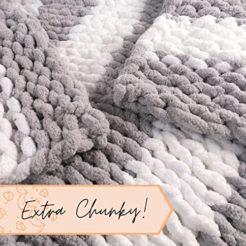 Adyrescia Chunky Knit Blanket Throw | 100% Hand Knit with Jumbo Chenille Yarn (50"x60", Gray and White Stripes) - Image 5