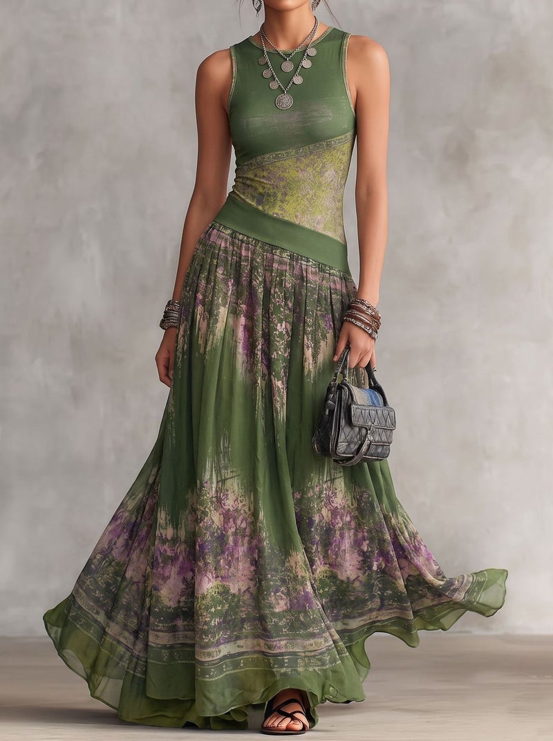 Retro Bohemian Sleeveless Printed Maxi Dress - Green