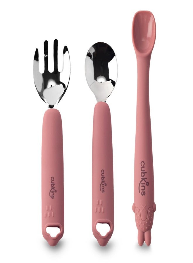 Cubkins Stainless Steel Spoon, Fork Set with Silicone Handle & Early Feeding Bendable Training Spoon for Feeding Babies & Toddler | BPA Free and Safe for Kids (Raspberry) - Image 1
