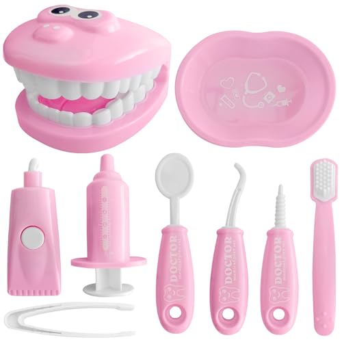 Ceonam 9Piece Dental Pretend Play Set Educational Dentist Play Kit with Teeth Model Toothbrush Dental Mirror Syringe Toothpaste Tray and Dental Tools Fun Pretend Play Doctor Kit for Kids Pink - Image 1