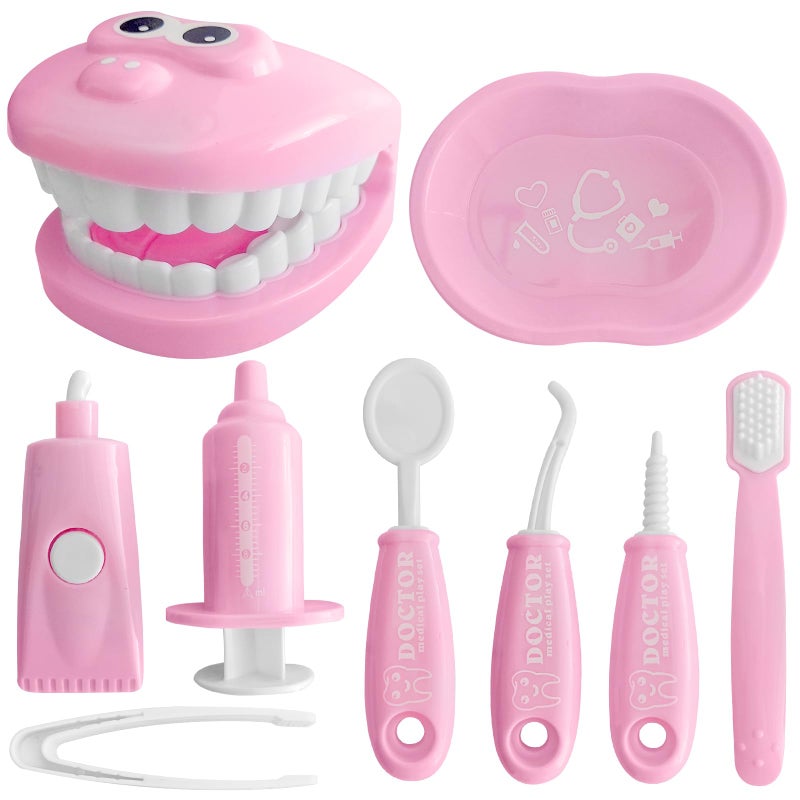 Ceonam 9Piece Dental Pretend Play Set Educational Dentist Play Kit with Teeth Model Toothbrush Dental Mirror Syringe Toothpaste Tray and Dental Tools Fun Pretend Play Doctor Kit for Kids Pink - Image 3