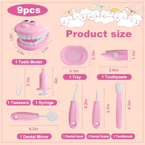 Ceonam 9Piece Dental Pretend Play Set Educational Dentist Play Kit with Teeth Model Toothbrush Dental Mirror Syringe Toothpaste Tray and Dental Tools Fun Pretend Play Doctor Kit for Kids Pink - Image 5