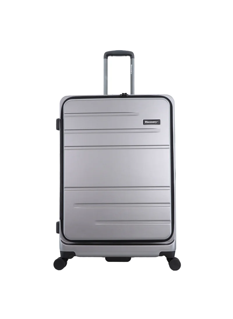 Discovery Discovery Patrol Hardside Check-In Large Travel Suitcase, 100% PC Durable Ultra Lightweight Hard Shell Expandable Luggage, 4 Double Wheel, TSA Lock Trolley Bag Black (71 cm/28 Inch) Silver.