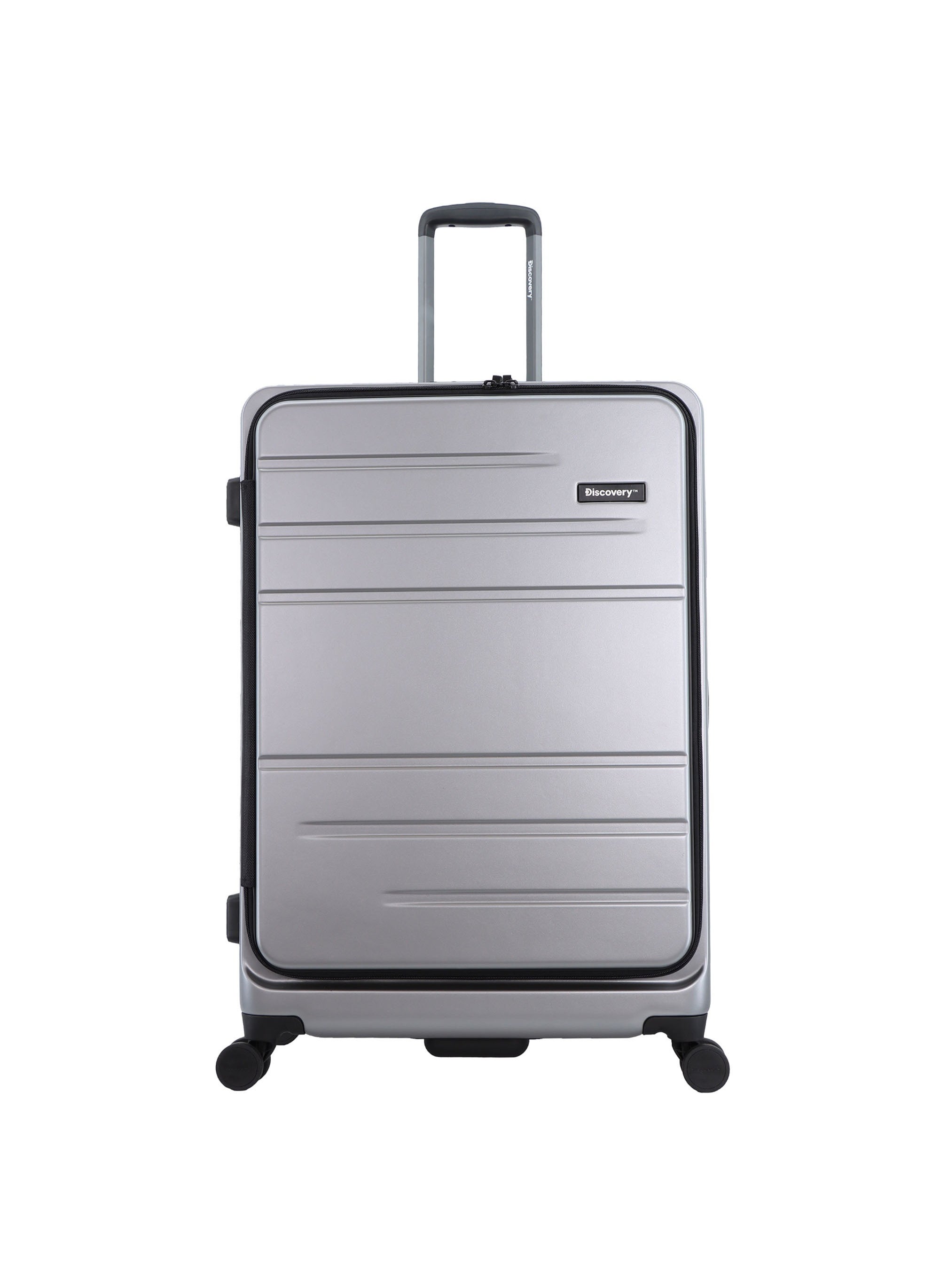 Discovery Discovery Patrol Hardside Check-In Large Travel Suitcase, 100% PC Durable Ultra Lightweight Hard Shell Expandable Luggage, 4 Double Wheel, TSA Lock Trolley Bag Black (71 cm/28 Inch) Silver. 