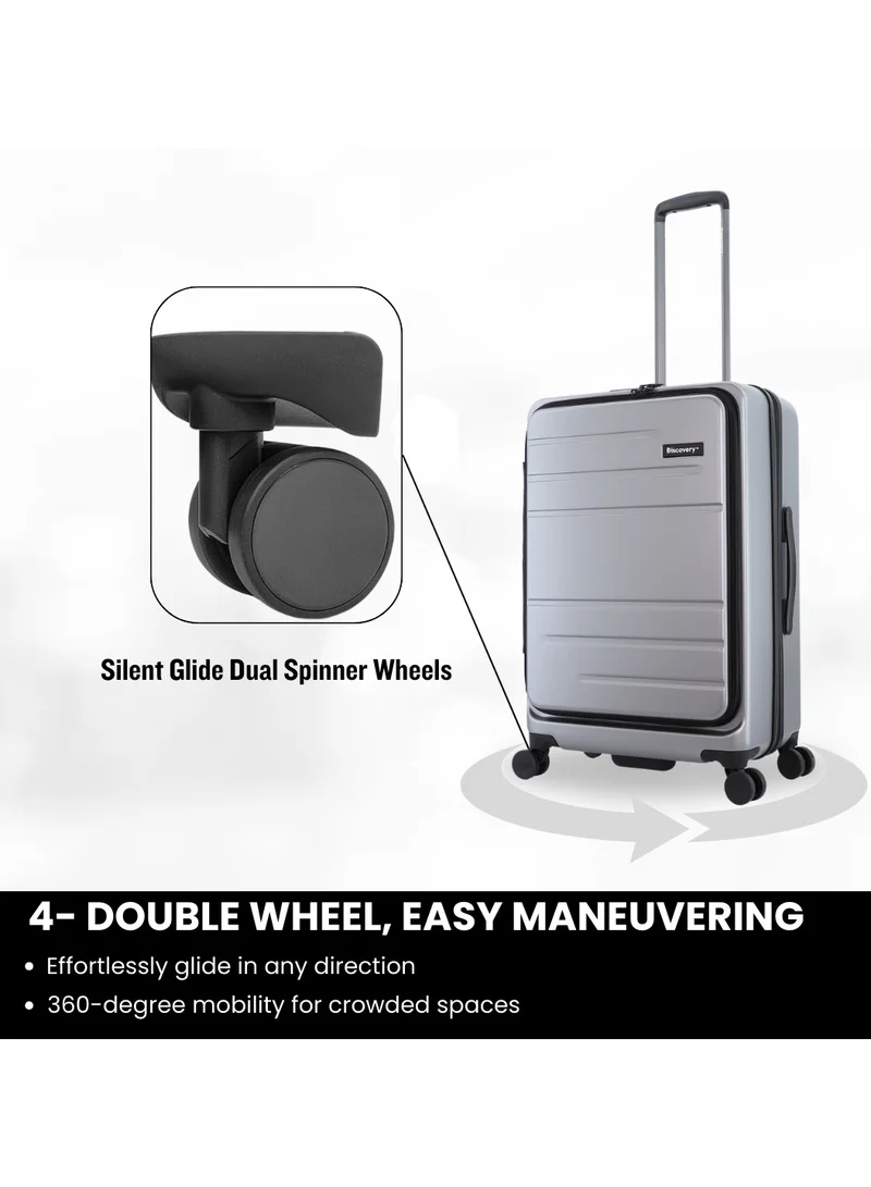 Discovery Discovery Patrol Hardside Check-In Large Travel Suitcase, 100% PC Durable Ultra Lightweight Hard Shell Expandable Luggage, 4 Double Wheel, TSA Lock Trolley Bag Black (71 cm/28 Inch) Silver.