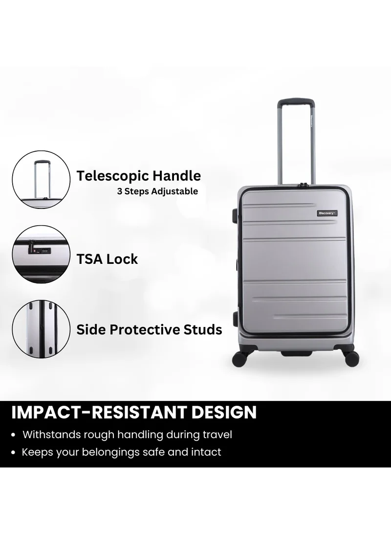 Discovery Discovery Patrol Hardside Check-In Large Travel Suitcase, 100% PC Durable Ultra Lightweight Hard Shell Expandable Luggage, 4 Double Wheel, TSA Lock Trolley Bag Black (71 cm/28 Inch) Silver.