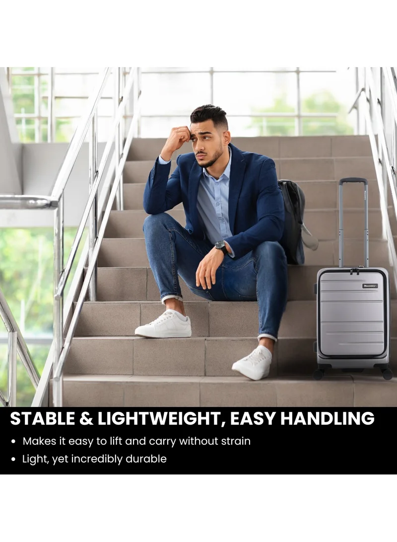 Discovery Discovery Patrol Hardside Check-In Large Travel Suitcase, 100% PC Durable Ultra Lightweight Hard Shell Expandable Luggage, 4 Double Wheel, TSA Lock Trolley Bag Black (71 cm/28 Inch) Silver.