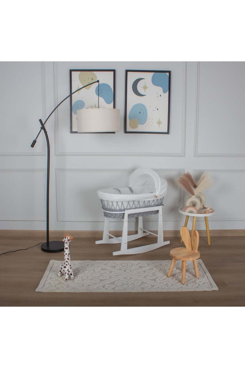 Gray rattan Moses basket bed with off-white striped fabric cover and gray front rocker stand - Image 1