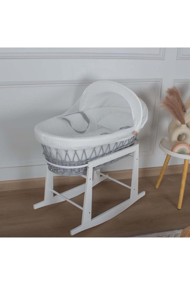 Gray rattan Moses basket bed with off-white striped fabric cover and gray front rocker stand - Image 2