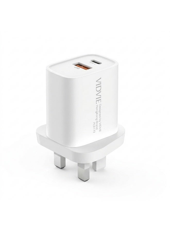 VIDVIE Fast Wall Charger 20W  Dual Port (Type-C PD & USB-A) Support PPS - White - Image 1