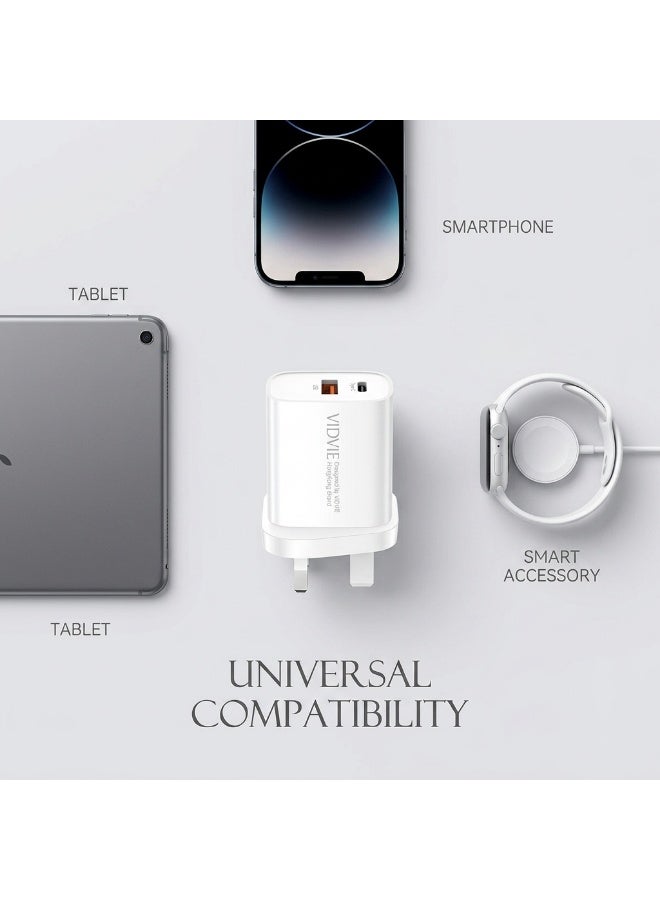 VIDVIE Fast Wall Charger 20W  Dual Port (Type-C PD & USB-A) Support PPS - White - Image 2