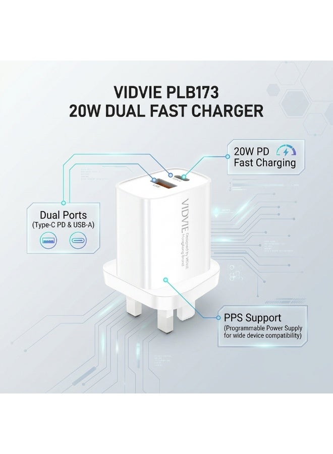 VIDVIE Fast Wall Charger 20W  Dual Port (Type-C PD & USB-A) Support PPS - White - Image 3