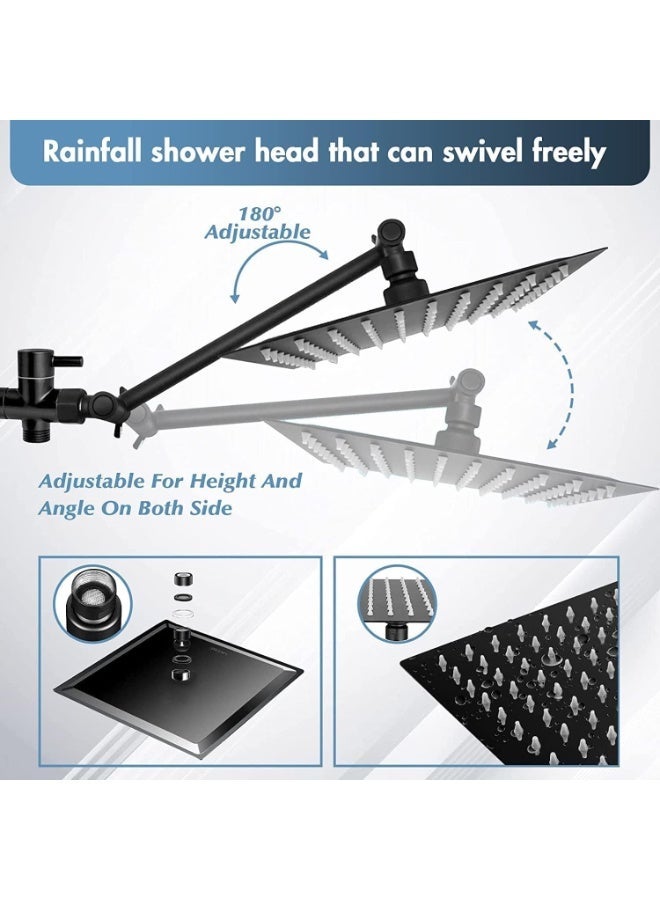 HZYH Shower Head 20 cm Rainfall with Handheld Spray Combo – High Pressure Showerhead with ON/OFF Pause Switch, 28 cm Adjustable Extension Arm & Flow Regulator, Easy-Clean Black Bathtub Shower Set - Image 3