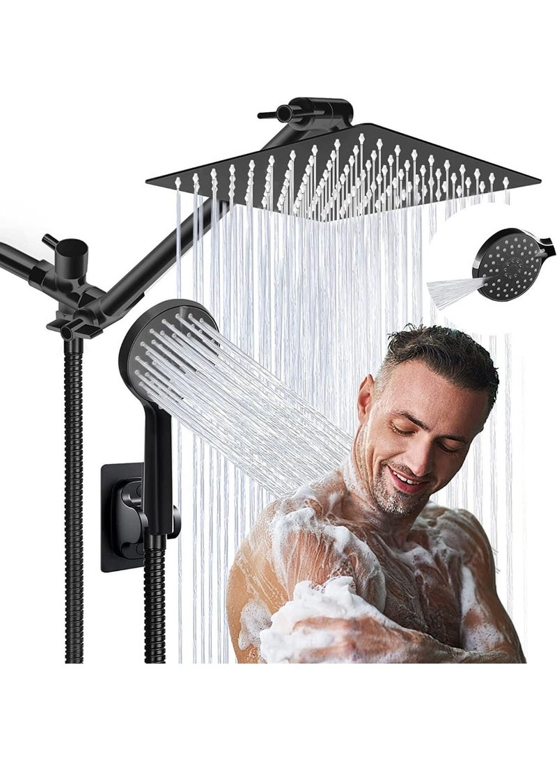 HZYH Shower Head 20 cm Rainfall with Handheld Spray Combo – High Pressure Showerhead with ON/OFF Pause Switch, 28 cm Adjustable Extension Arm & Flow Regulator, Easy-Clean Black Bathtub Shower Set - Image 1
