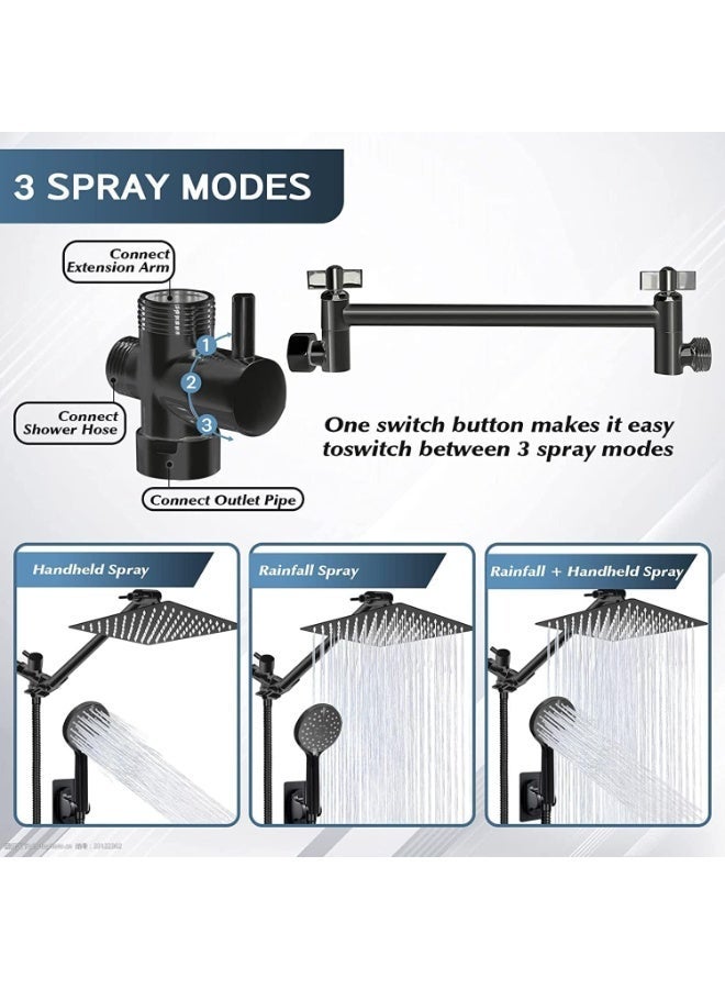HZYH Shower Head 20 cm Rainfall with Handheld Spray Combo – High Pressure Showerhead with ON/OFF Pause Switch, 28 cm Adjustable Extension Arm & Flow Regulator, Easy-Clean Black Bathtub Shower Set - Image 4