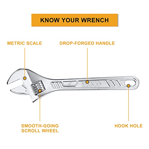 Ingco HADW131122 Adjustable Wrench, 0-35mm with Metric Scale | 300mm(12") | C45, Drop-forged,Chrome-Plated, Adjustable Wrench for Auto Repair, Plumbing - Image 3