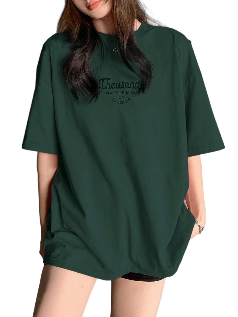 Women's Oversized T - Shirt - Loose Fit Short Sleeve Top with Letter '' Print, Round Neck Casual Summer Blouse for Spring Summer Fall, Breathable Casual Attire (Hand Washable) - Image 1