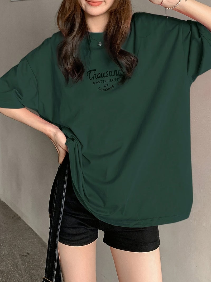 Women's Oversized T - Shirt - Loose Fit Short Sleeve Top with Letter '' Print, Round Neck Casual Summer Blouse for Spring Summer Fall, Breathable Casual Attire (Hand Washable) - Image 3
