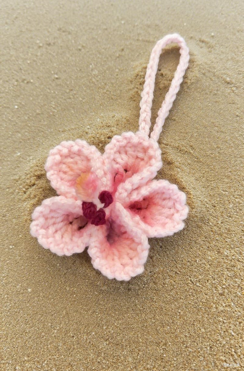 Agromusk Hibiscus Flower Car Hanging Ornament,Crochet Hawaiian Tropical Flowers Bag Charms Decor Car Rear View Mirror Beach Accessories (Pink) - Image 4