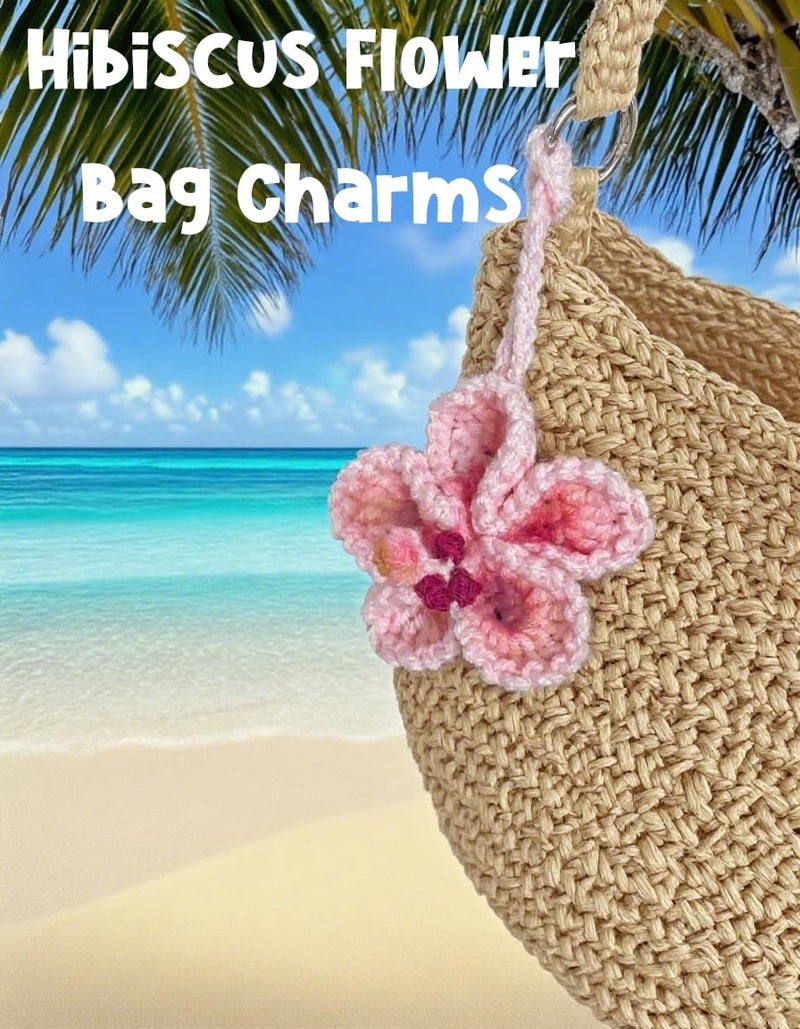 Agromusk Hibiscus Flower Car Hanging Ornament,Crochet Hawaiian Tropical Flowers Bag Charms Decor Car Rear View Mirror Beach Accessories (Pink) - Image 3