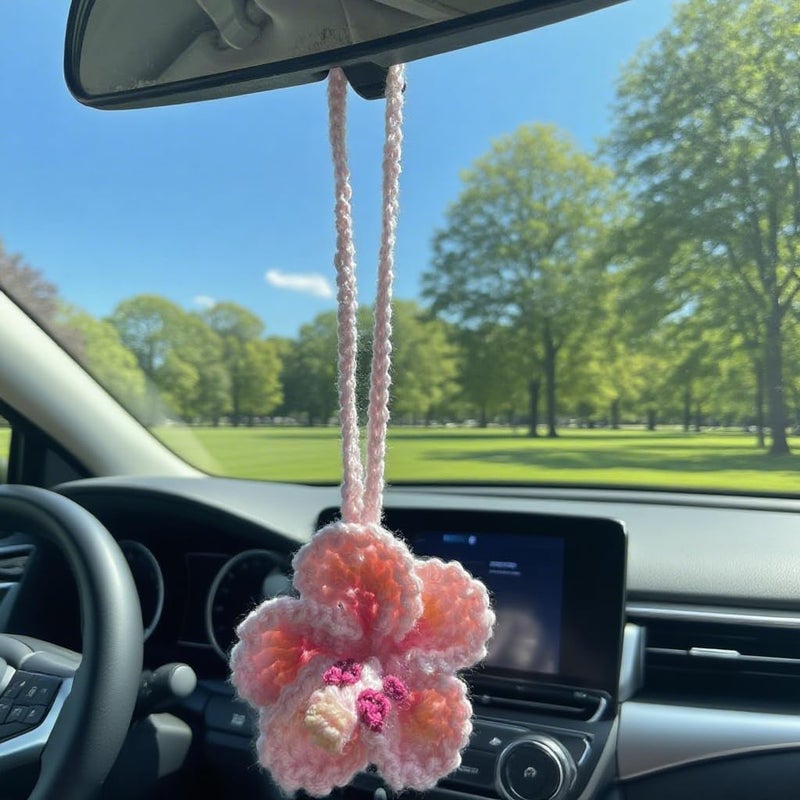 Agromusk Hibiscus Flower Car Hanging Ornament,Crochet Hawaiian Tropical Flowers Bag Charms Decor Car Rear View Mirror Beach Accessories (Pink) - Image 5