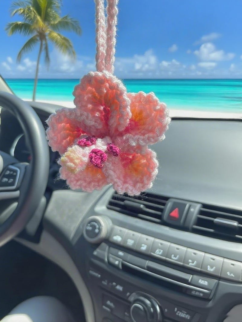 Agromusk Hibiscus Flower Car Hanging Ornament,Crochet Hawaiian Tropical Flowers Bag Charms Decor Car Rear View Mirror Beach Accessories (Pink) - Image 1