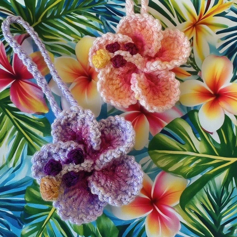 Agromusk Hibiscus Flower Car Hanging Ornament,Crochet Hawaiian Tropical Flowers Bag Charms Decor Car Rear View Mirror Beach Accessories (Pink) - Image 2