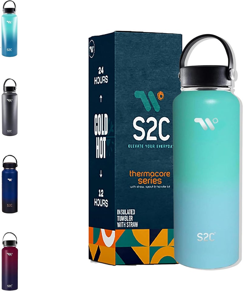 S2C 1200ml Stainless Steel Insulated Water Bottle - Keeps Drinks Cold 24H & Hot 12H, Leakproof, 3 Lids for Camping & Outdoor Adventures (SEA GREEN) - Image 1