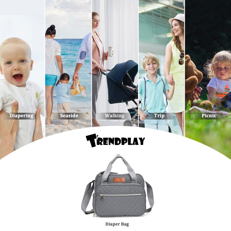 TRENDPLAY Small Diaper Bag Tote for Girls Baby Nappy Bag - Travel&Outdoor Stroller Organizer Multi-Function Cute Diaper Maternity Bag for Mom Daddy Baby Boys, Traveling with Toddlers Must Haves, Gray - Image 3