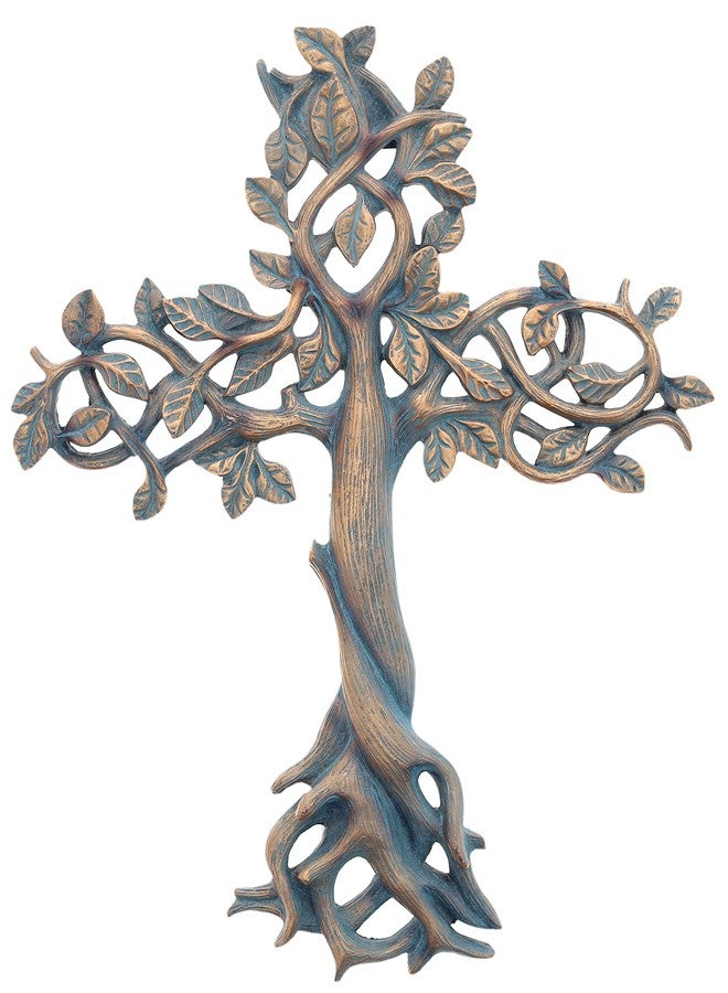 Top Brass Tree of Life Wall Cross 11 1/2" - Decorative Spiritual Art Sculpture Bronze Verdigris Finish - Image 1
