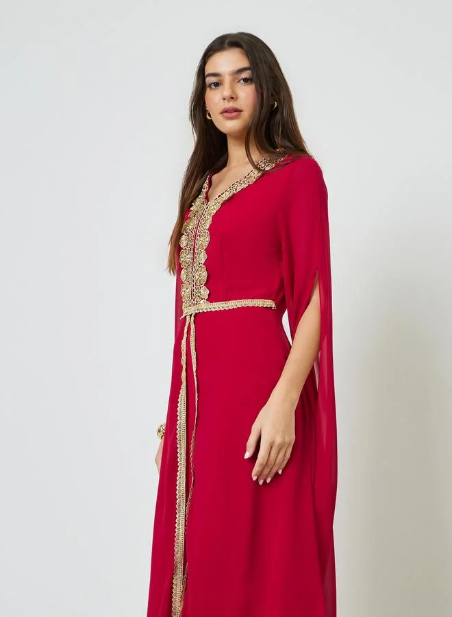 تايك تو Red Lace Patch Detail Maxi Kaftan