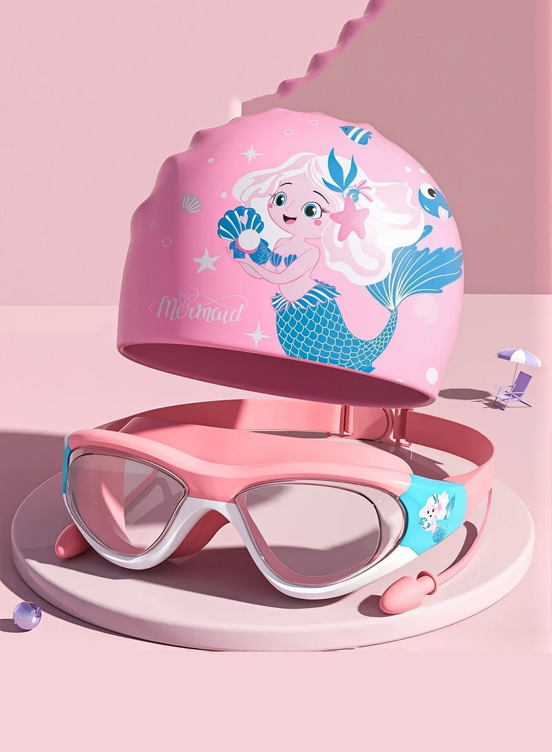 Kids Swim Cap with Kids Swim Goggles Soft Comfortable Waterproof High Elasticity Universal Silicone Bathing Cap for Girls
