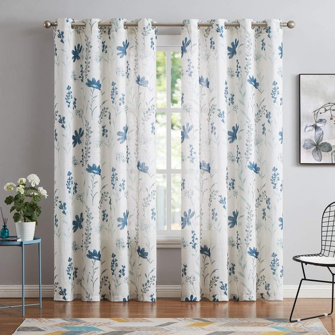 PRINTED SHEER CURTAINS LINEN TEXTURED FOR LIVING ROOM FLORAL LEAF DESIGN FARMHOUSE STYLE WINDOW PANEL DRAPES SET GROMMET TREATMENT FOR BEDROOM DINING 52 X 96 INCH NAVY BLUE