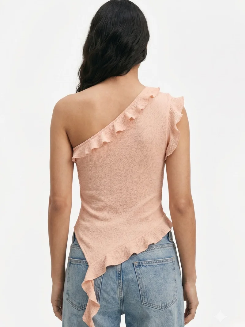 Outzidr  Peach Ruffle Detail Asymmetric Neck Top for Women | Best Price UAE